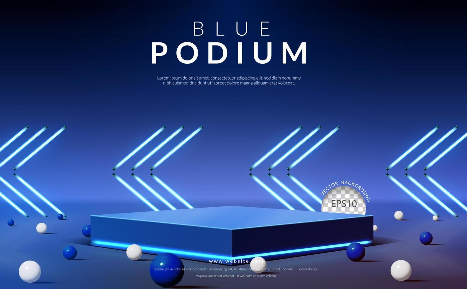 Product display concept, Square blue podium with ball on arrow neon background. Vector illustration