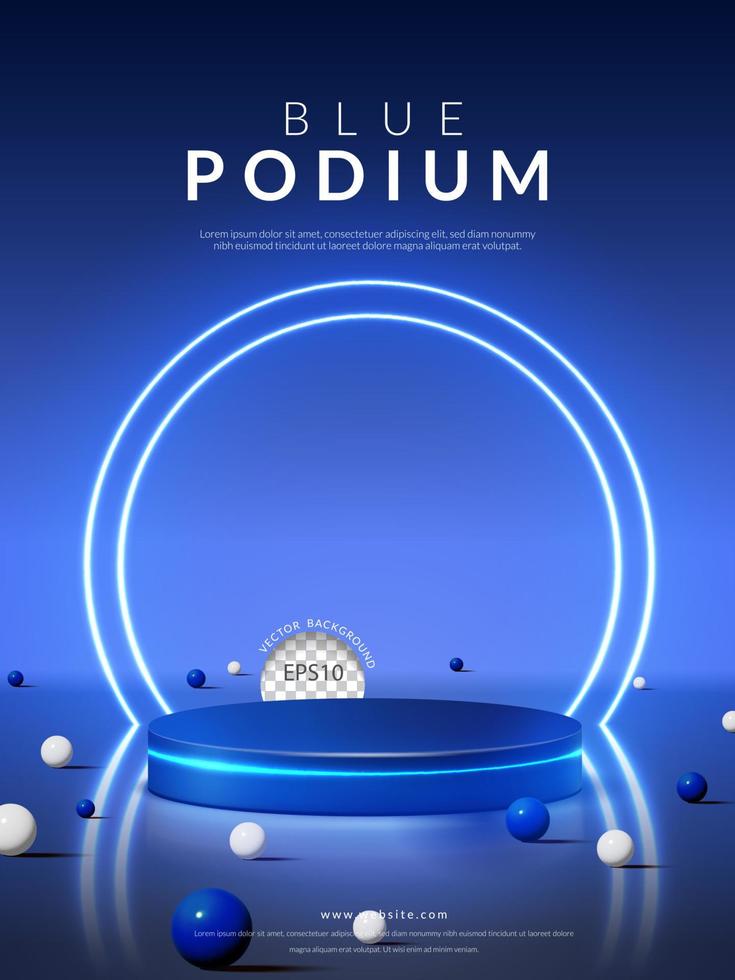 Product display concept, Cylinder blue podium with ball on ring neon background. Vector illustration2