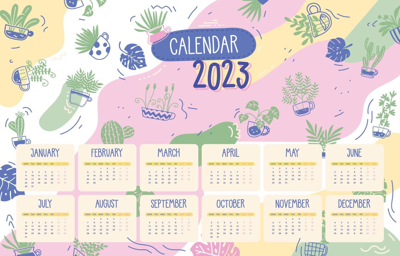 linda plantilla de calendario 2023 con elemento de plantas dibujadas a mano vector