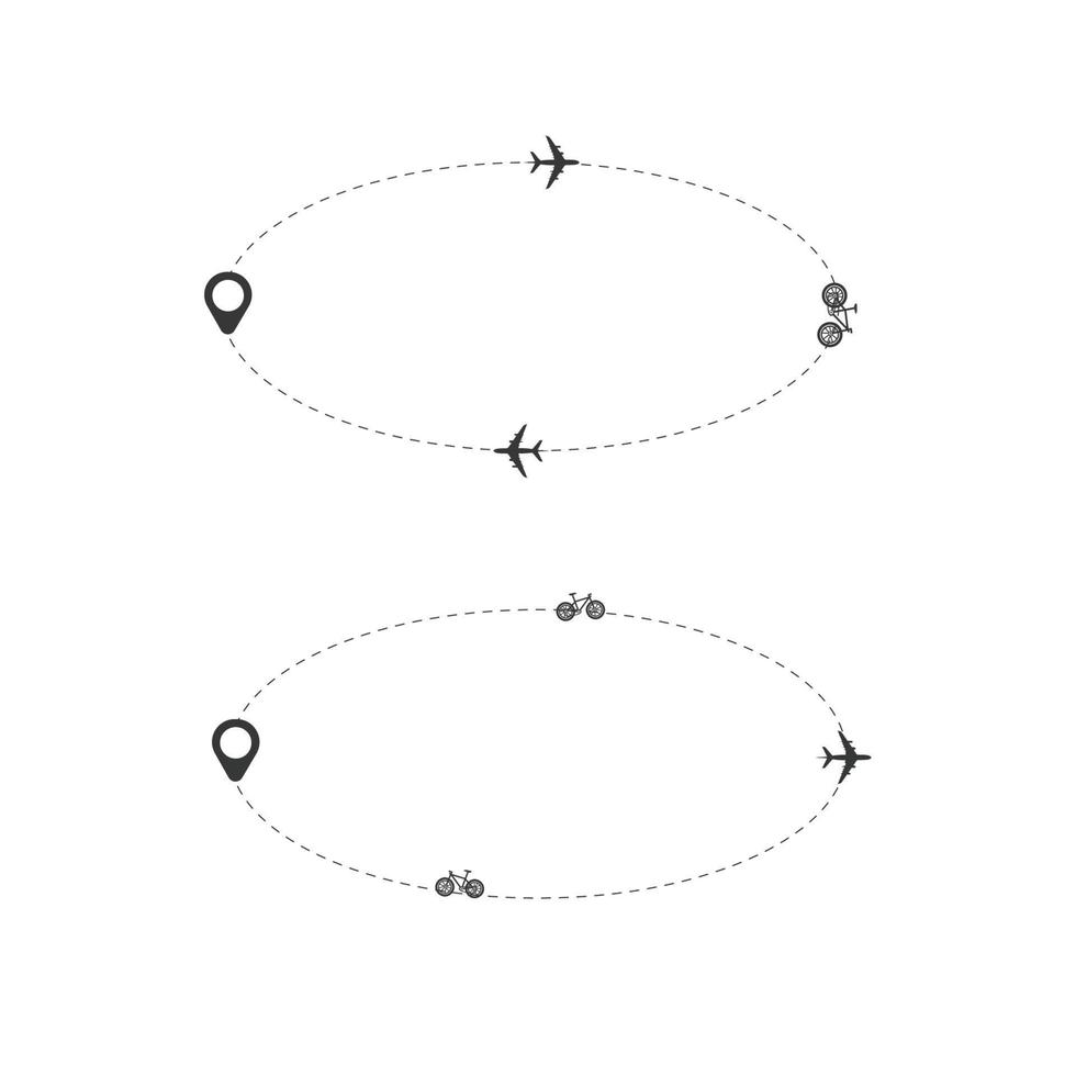 Set of dashed line plane, car, truck and bicycle route with location icon flat design vector