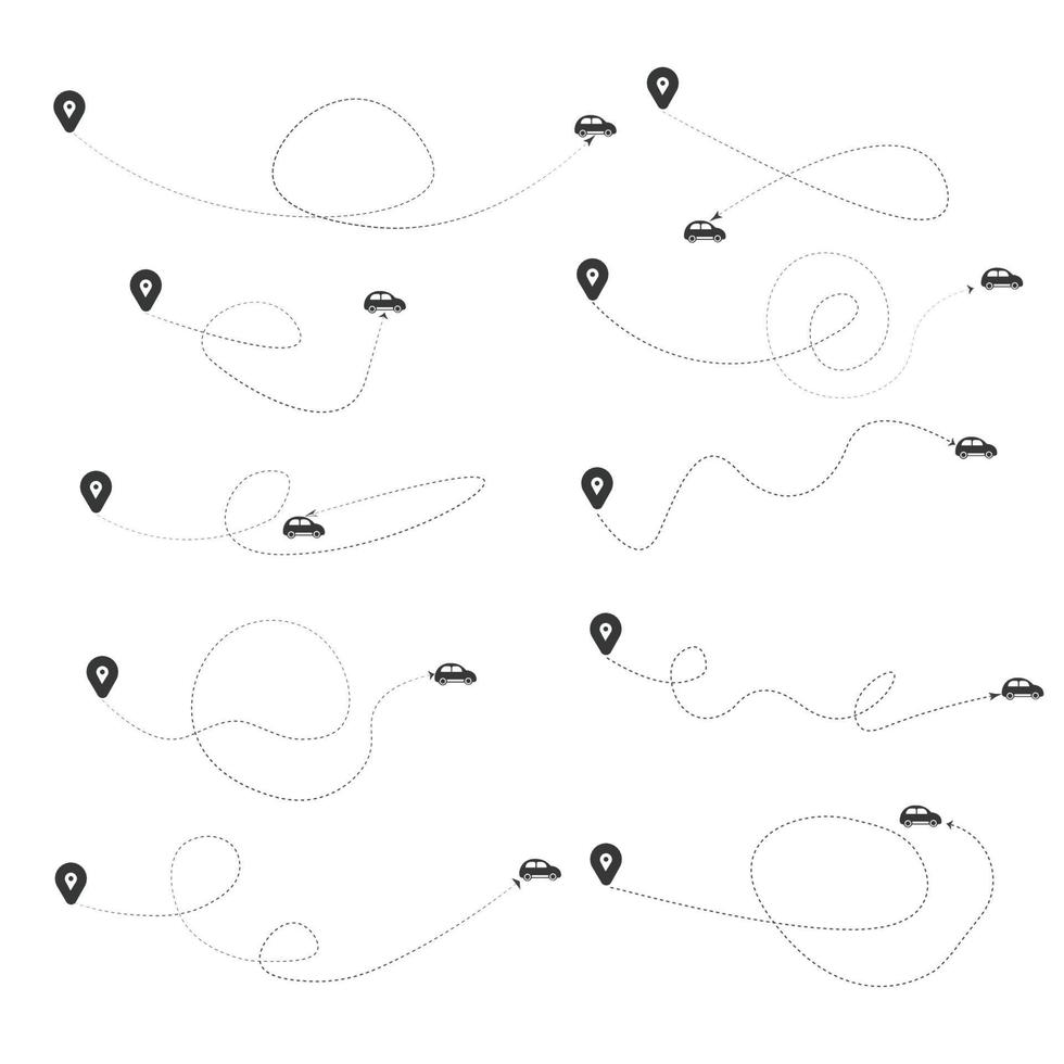 conjunto de ruta de avión, coche, camión y bicicleta de línea discontinua con diseño plano de icono de ubicación vector