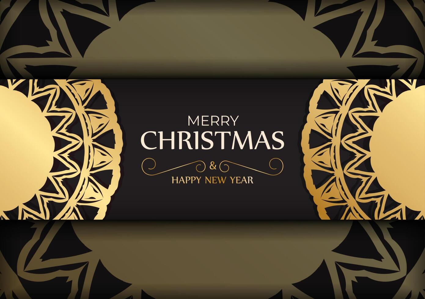 Postcard template Happy New Year and Merry Christmas in black color with gold ornaments. vector