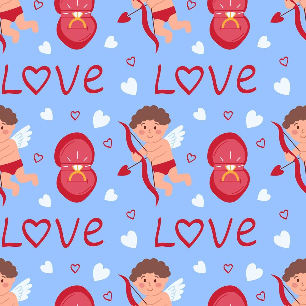 Romantic seamless pattern with cupid, ring in gift box, hearts and word love. Flat vector illustration for Valentine's day, wedding