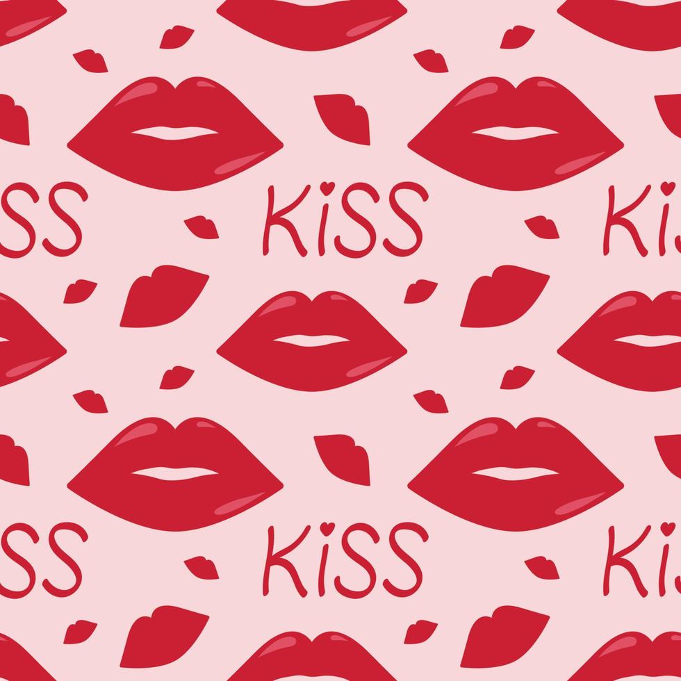 Seamless pattern with red lips and word kiss. Flat vector illustration for Valentine's day, World Kiss day