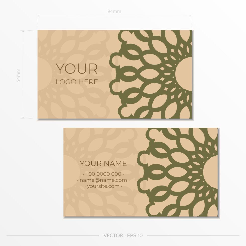 Template for print design of business cards in beige color with luxurious patterns. Preparing a business card with a place for your text and an abstract ornament. vector