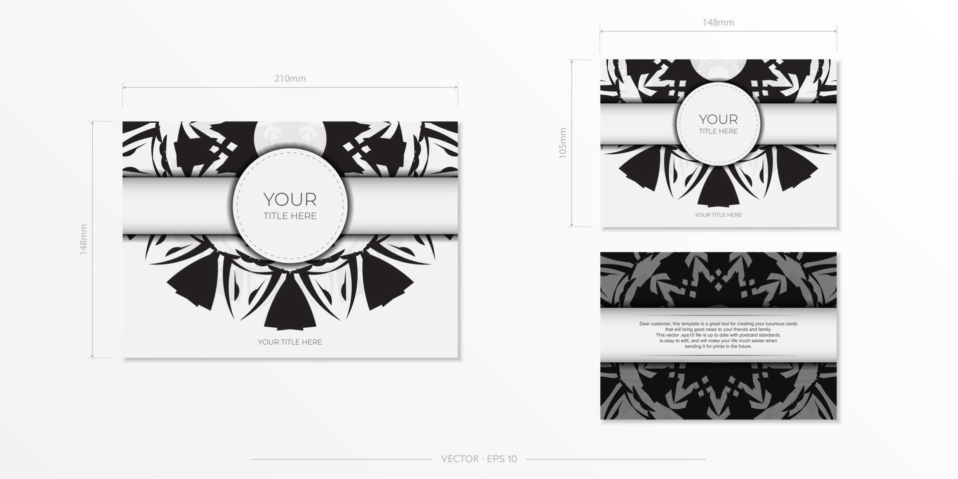 Vector Preparing invitation card with place for your text and abstract patterns. Luxurious Template for print design postcard White color with black patterns.