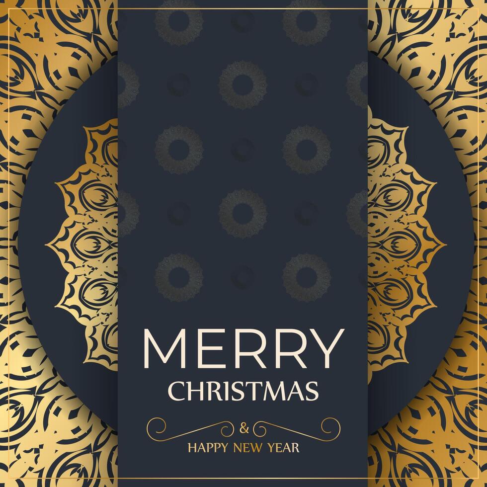 Happy new year flyer template in dark blue color with abstract gold ornament vector