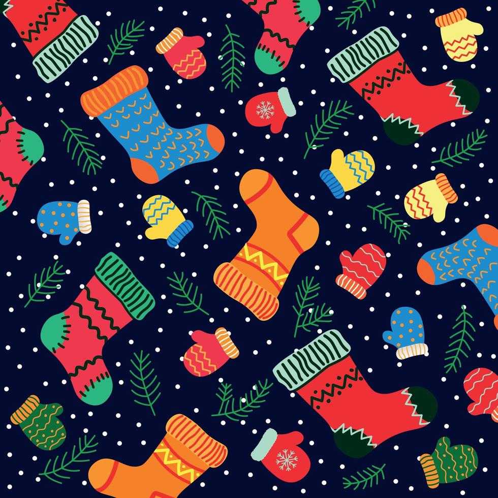 Decorative Cozy Christmas Background with Christmas Winter Socks and Mittens vector