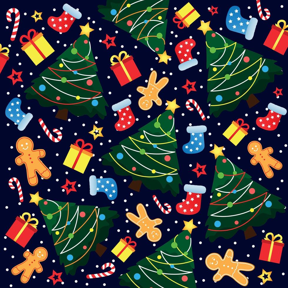 fondo decorativo de navidad con árboles de navidad, hombre de pan de jengibre, calcetines de navidad y regalos vector