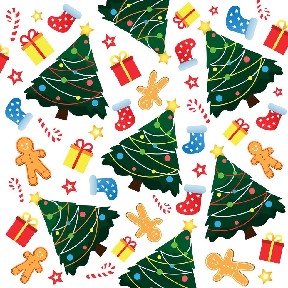Chistmas Decorative Background with Christmas Trees, Socks, Gingerbread Man and Other Christmas Decorations vector