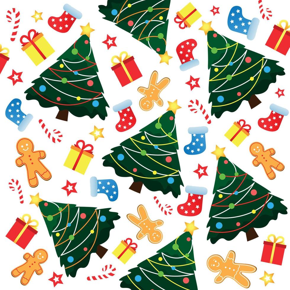 fondo decorativo de navidad con árboles de navidad, calcetines, hombre de pan de jengibre y otras decoraciones navideñas vector