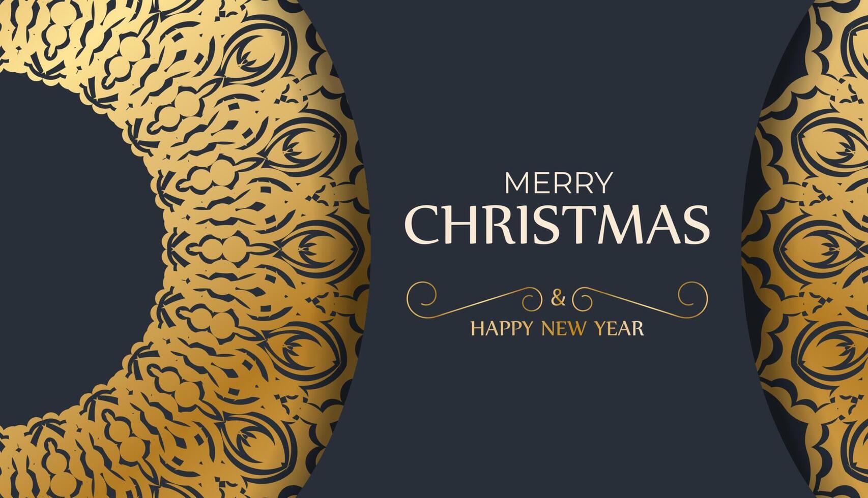 Happy new year flyer template in dark blue color with vintage gold pattern vector