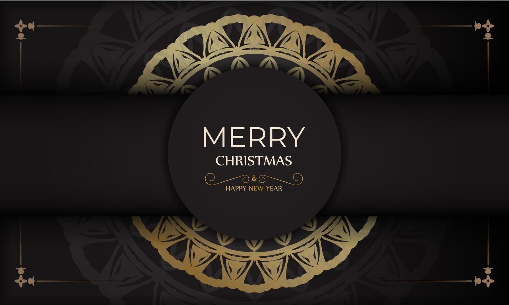 Poster Merry Christmas and Happy New Year in black with gold ornaments. vector