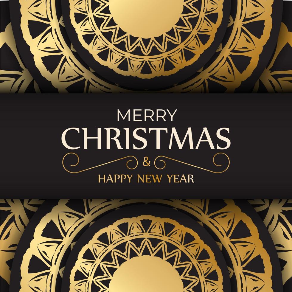 Greeting card Merry Christmas and Happy New Year in black color with gold pattern. vector