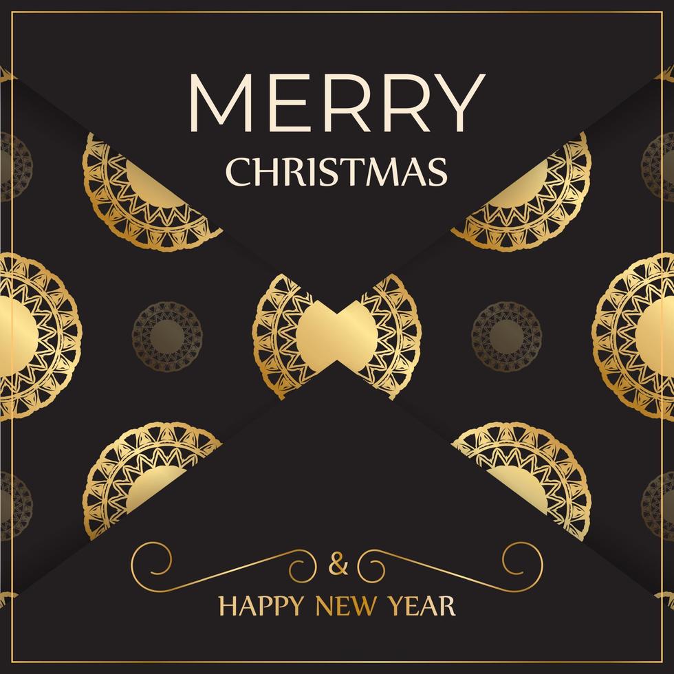 Postcard template Merry Christmas and Happy New Year in black color with gold ornaments. vector