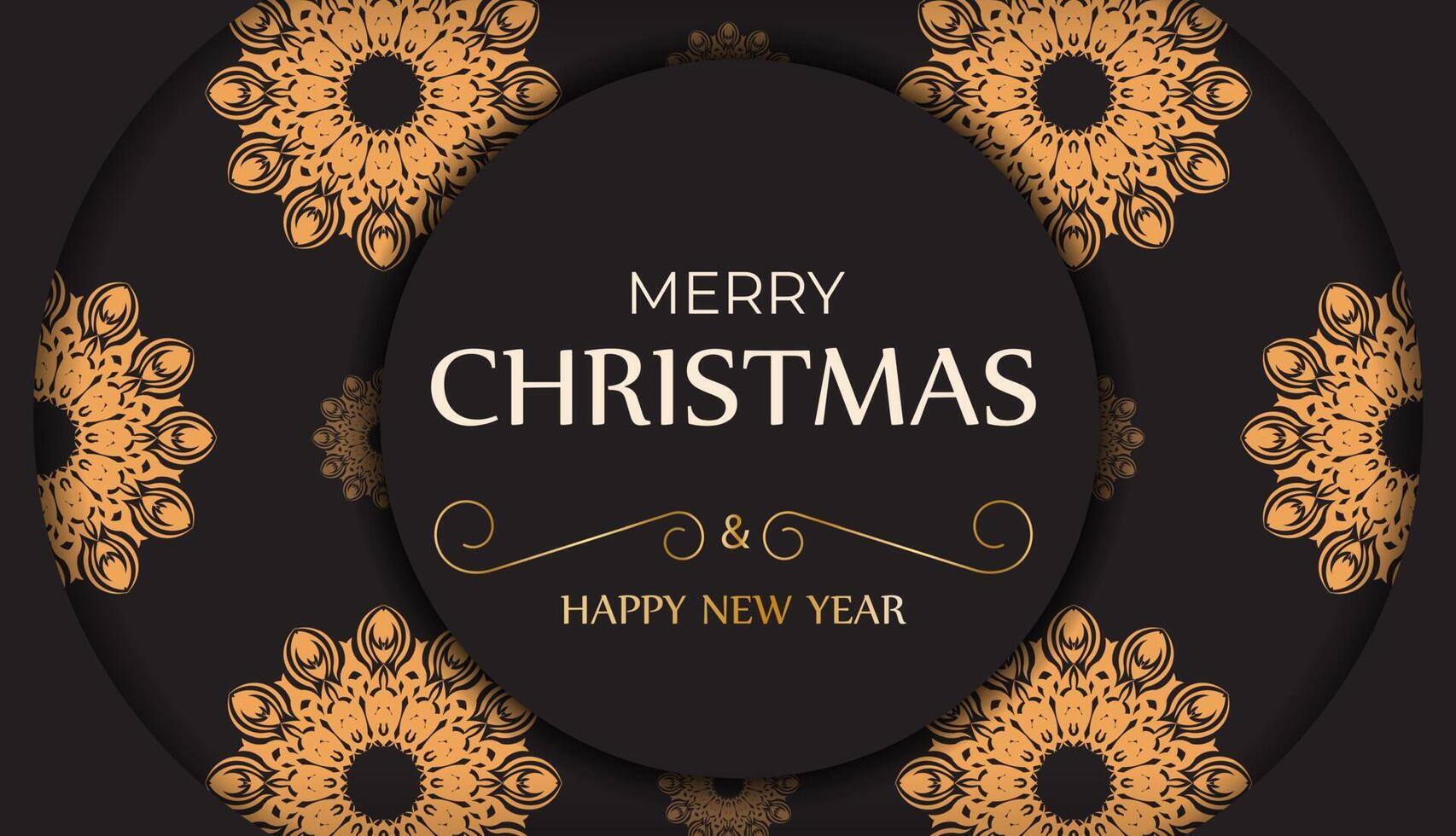 A black and gold christmas card with a circular pattern vector