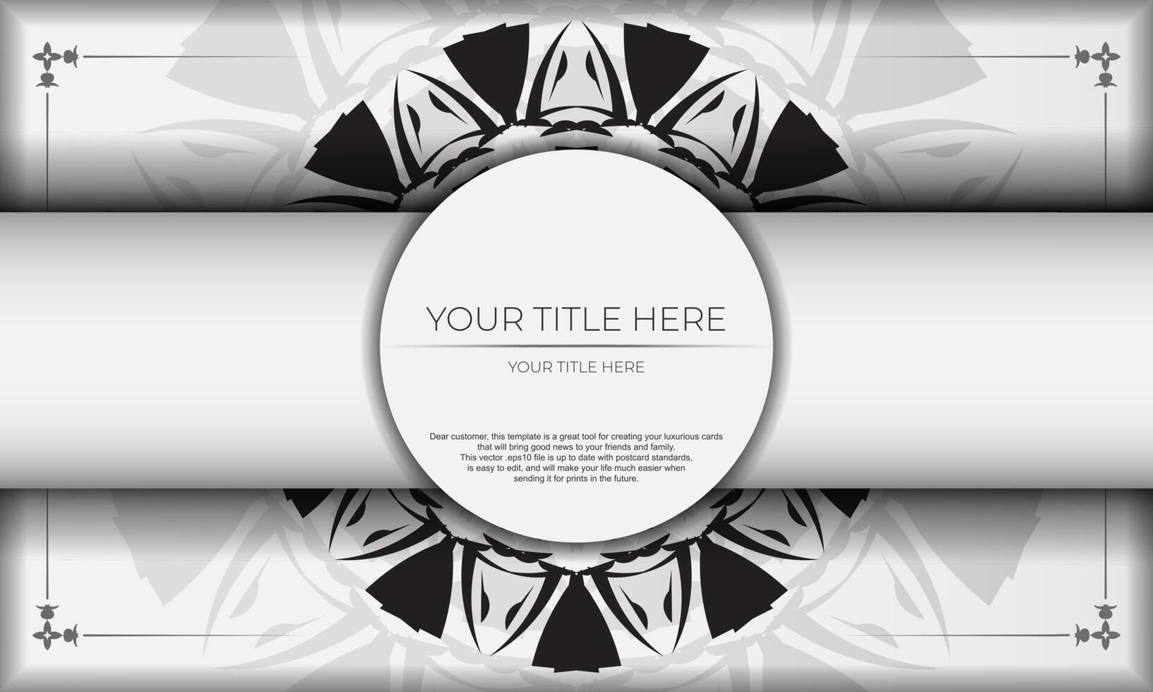 White banner with ornaments and place under your text. Print-ready postcard design with Greek patterns. vector