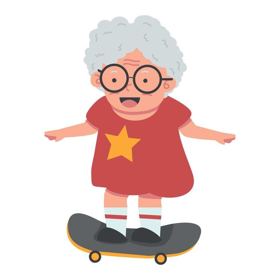 old woman with skateboard cartoon vector