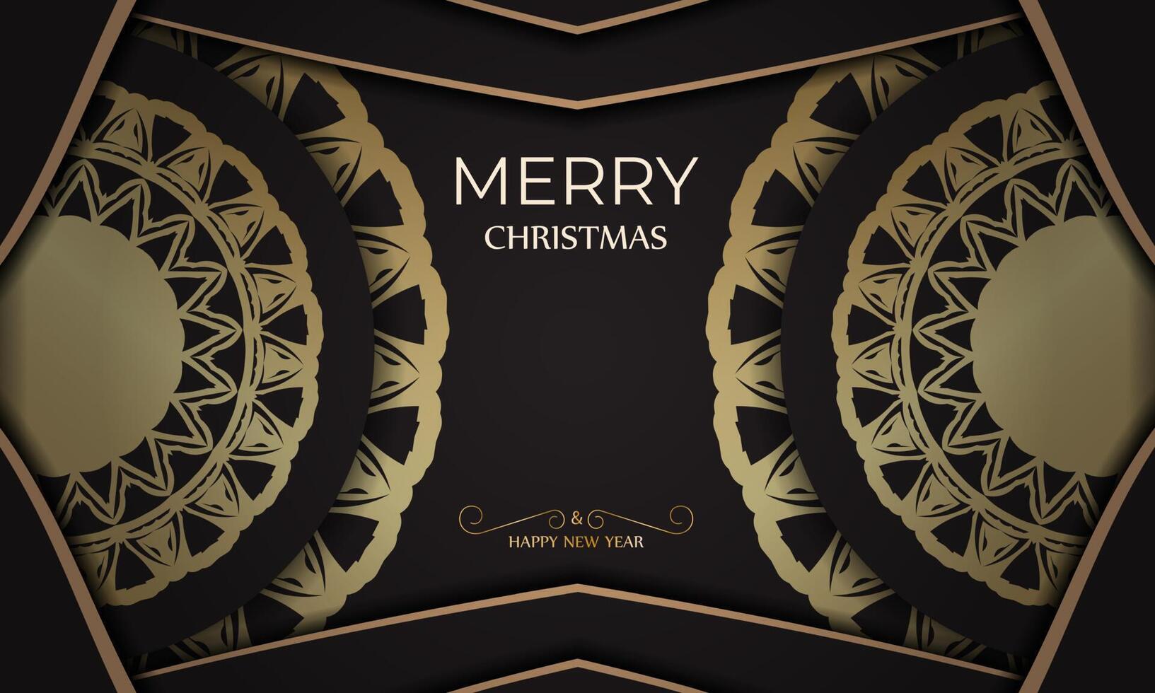 Poster template Happy New Year and Merry Christmas in black color with gold ornaments. vector