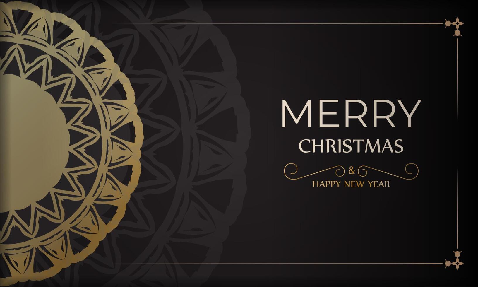 Banner Merry Christmas and Happy New Year in black with gold ornaments. vector