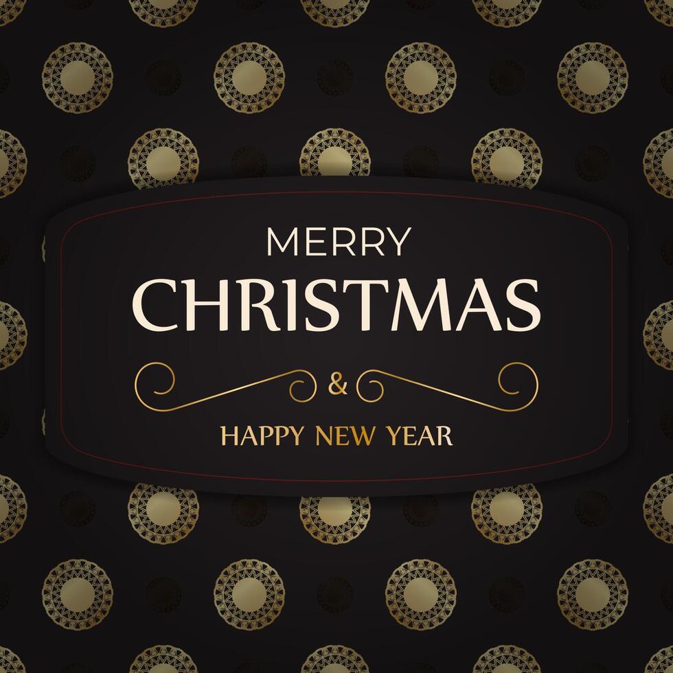 Black Merry Christmas and Happy New Year flyer template with gold pattern. vector