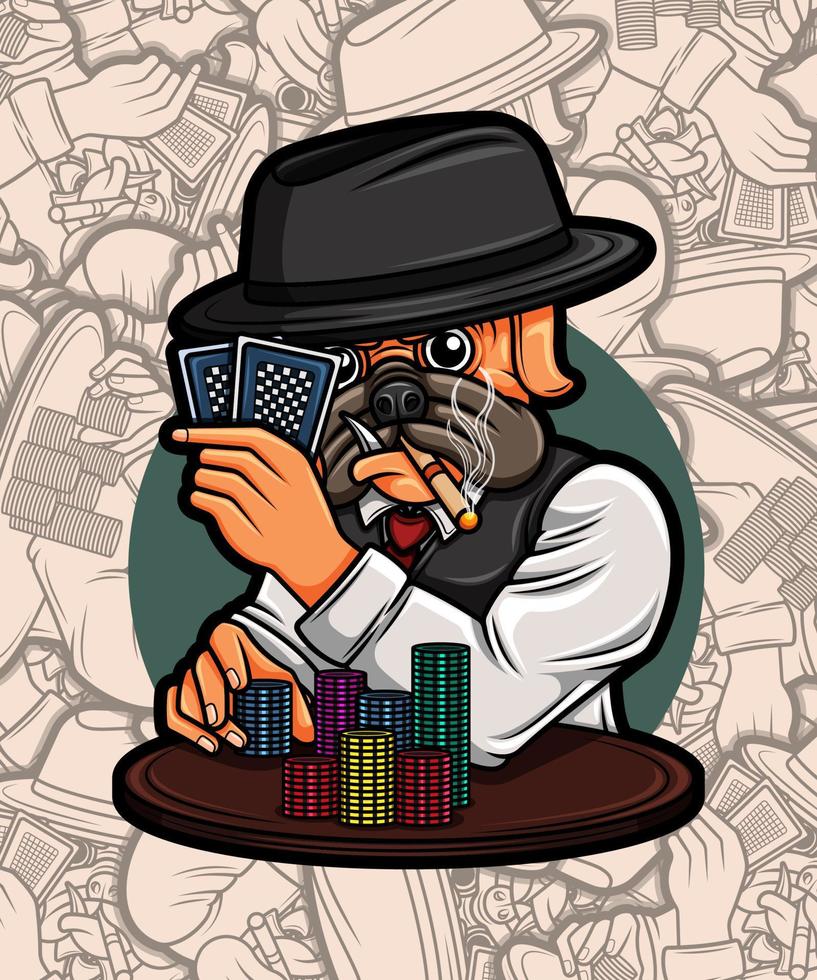 Cute pug dog gambler with two cards and cigarette illustration vector