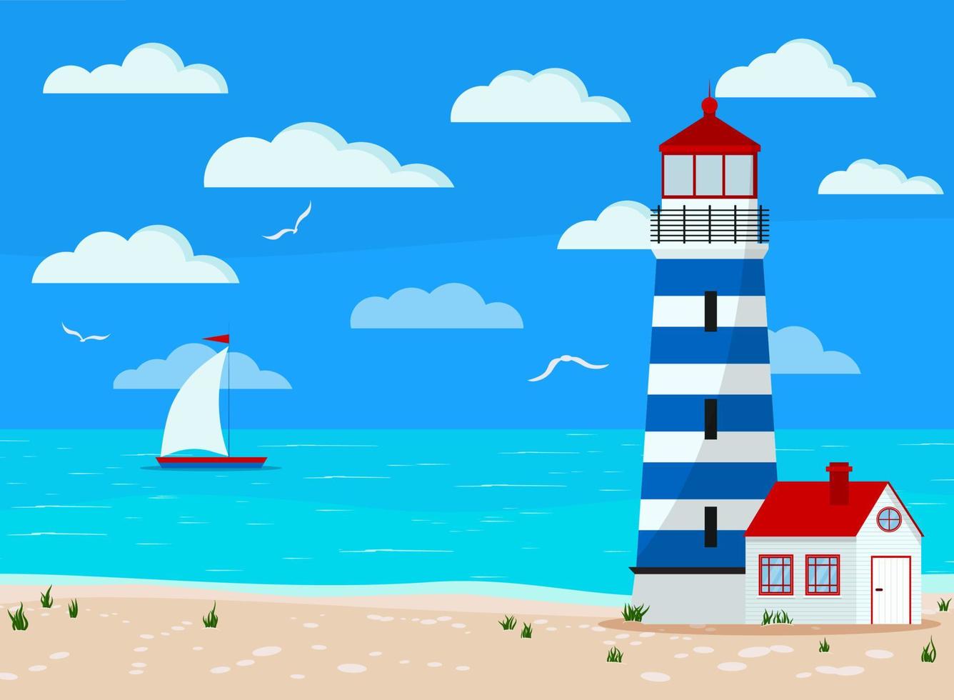 Panoramic calm sea landscape blue ocean, clouds, sand coastline with grass, gull, sailboat, lighthouse. vector