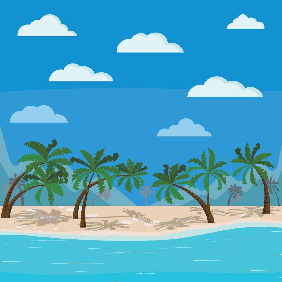 Beautiful mountains and sea landscape blue ocean, palm trees, clouds, sand coastline. vector