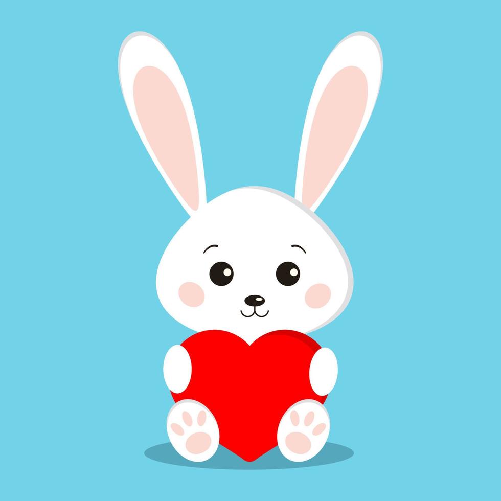 Isolated cute and sweet white bunny rabbit in sitting pose with red heart vector