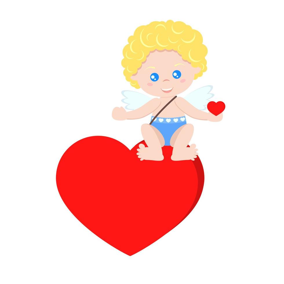 cupido en pose sentada en el corazón con el corazón en la mano. vector