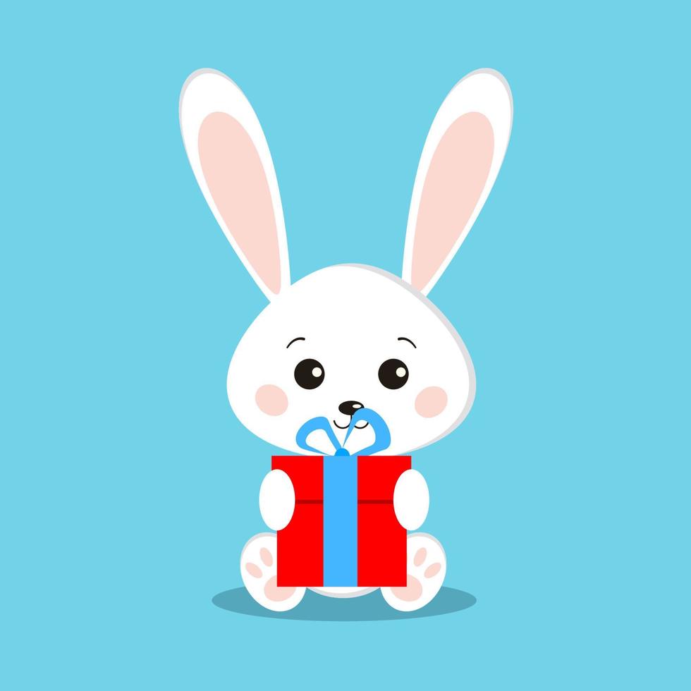 Isolated cute and sweet white bunny rabbits in sitting pose with gift vector