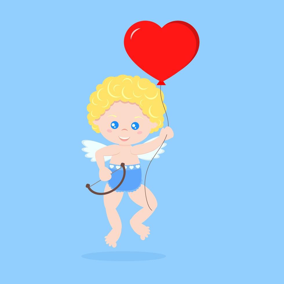 Isolated cute cupid in a floating pose with bow and red heart shape ballon vector