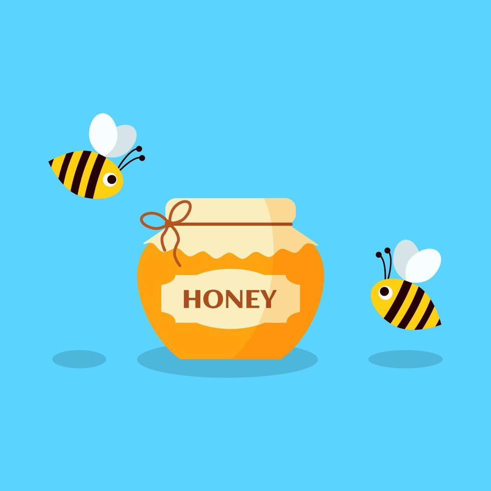 Vector cartoon bees flying around a brimful jar of honey.