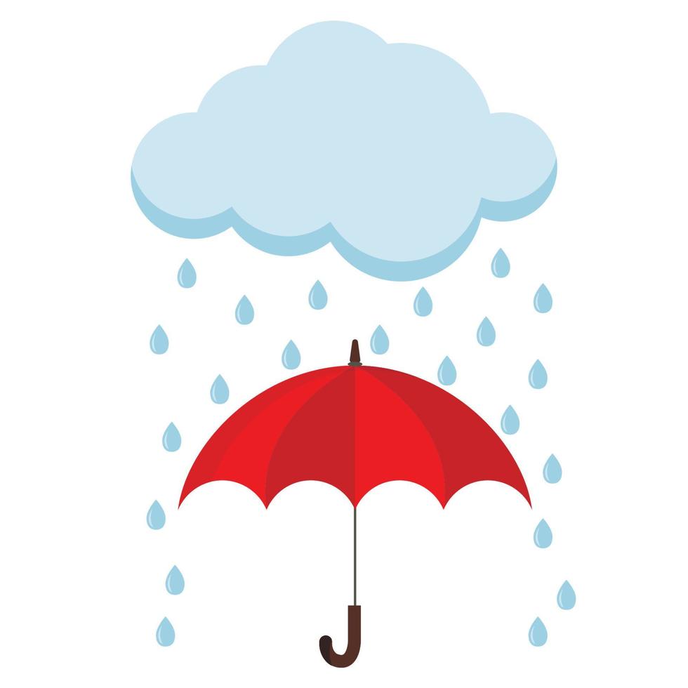 icono de nube, lluvia y bastón de paraguas rojo abierto bajo la lluvia. vector