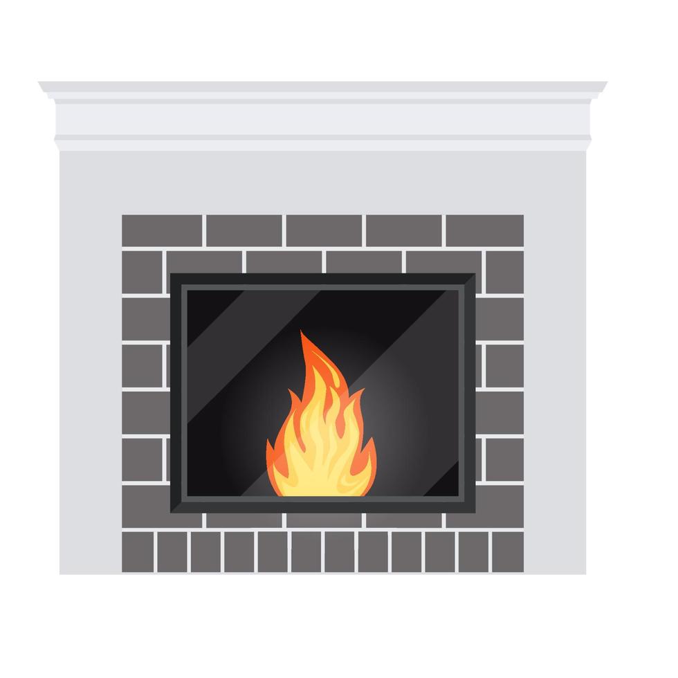 Isolated icon of white cozy fireburning fireplace closeup. vector