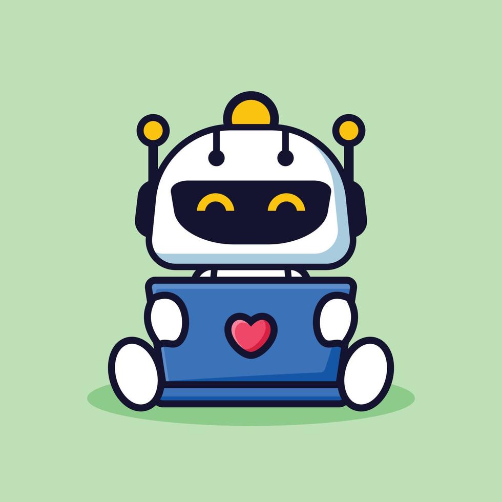 Vector illustration of cute robot holding laptop for technology icon