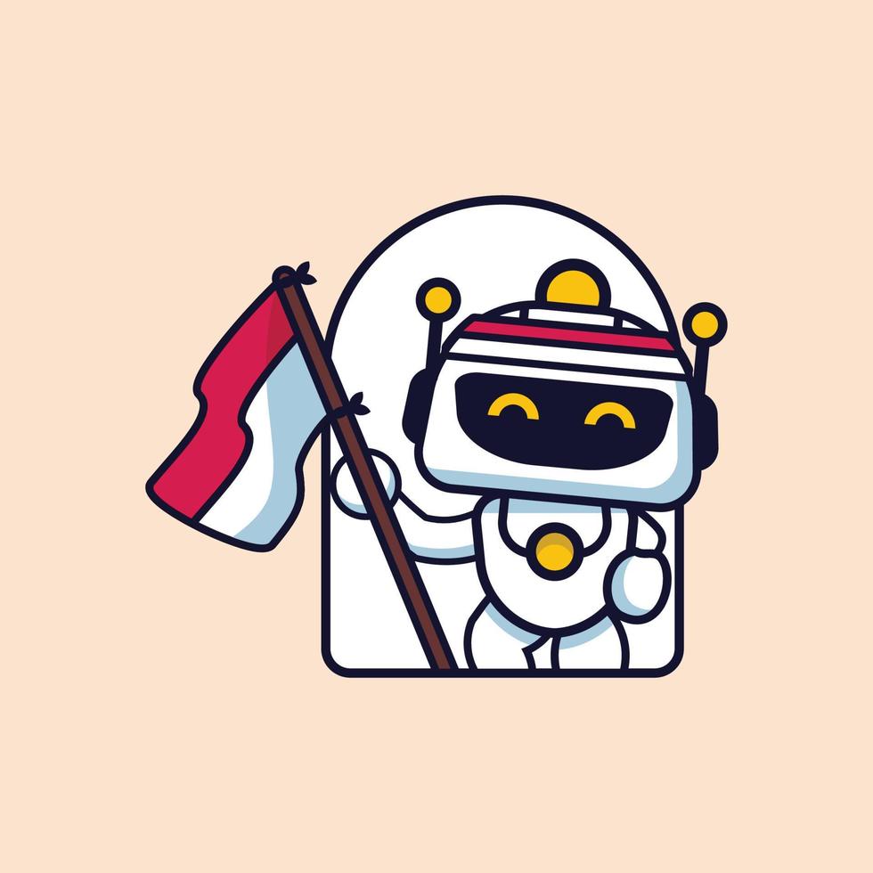 Vector illustration of cute robot holding Indonesian red and white flag for independence icon