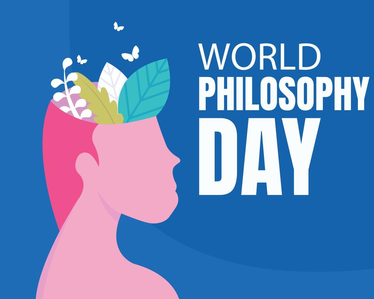 illustration vector graphic of a man's head filled with leaves and butterflies, perfect for international day, world philosophy day, celebrate, greeting card, etc.