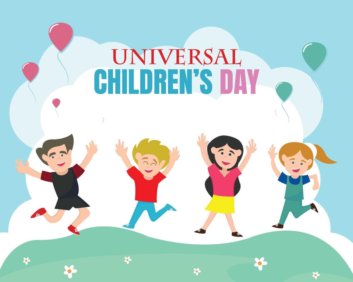 illustration vector graphic of four children rejoice in the middle of the field, perfect for international day, universal childrens day, celebrate, greeting card, etc.