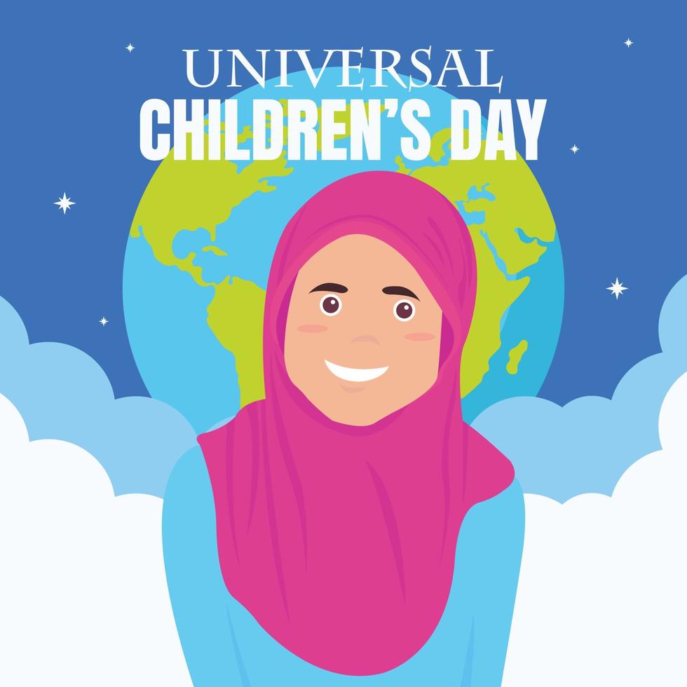 illustration vector graphic of girl in muslim dress, showing cloud and earth, perfect for international day, universal childrens day, celebrate, greeting card, etc.