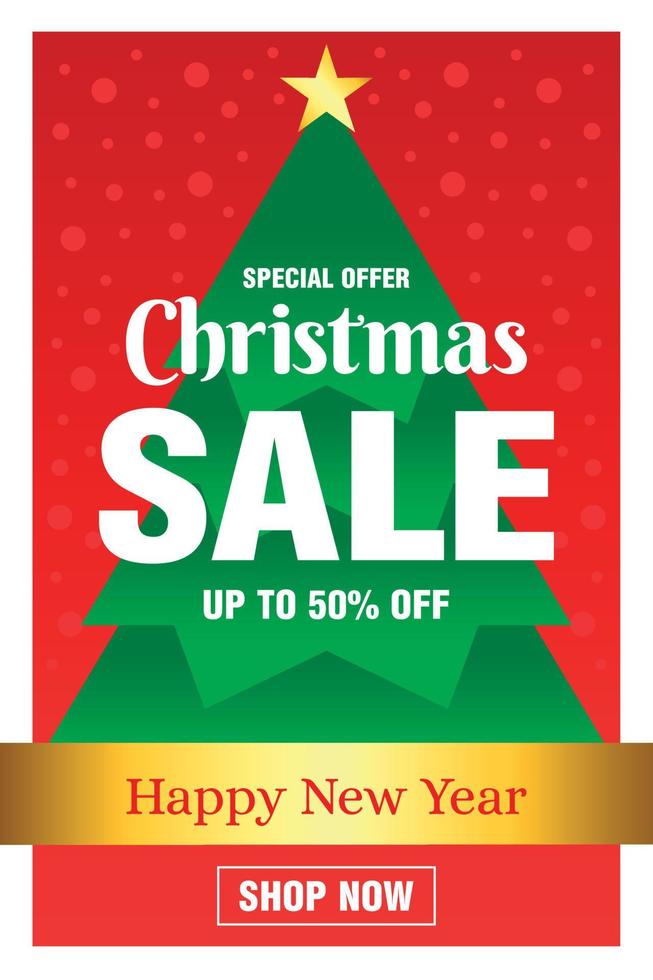 Christmas sale, Happy New Year. Christmas sale banner design with 50 Discount. Christmas tree on a red background vector