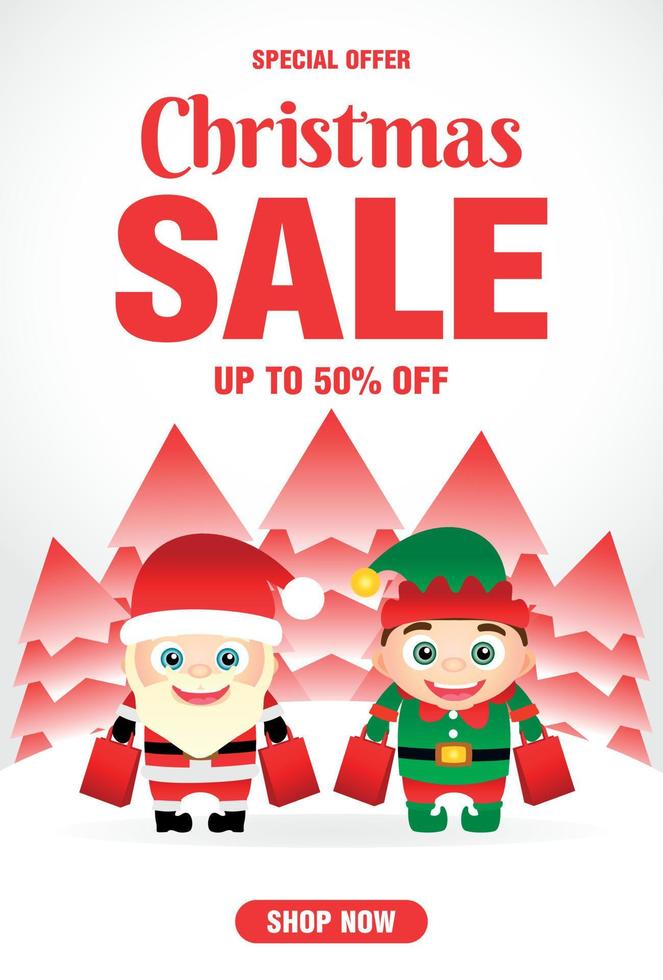 cartel de venta de navidad con niños divertidos en trajes de navidad santa y duende. diseño de banner de venta de navidad con 50 de descuento vector