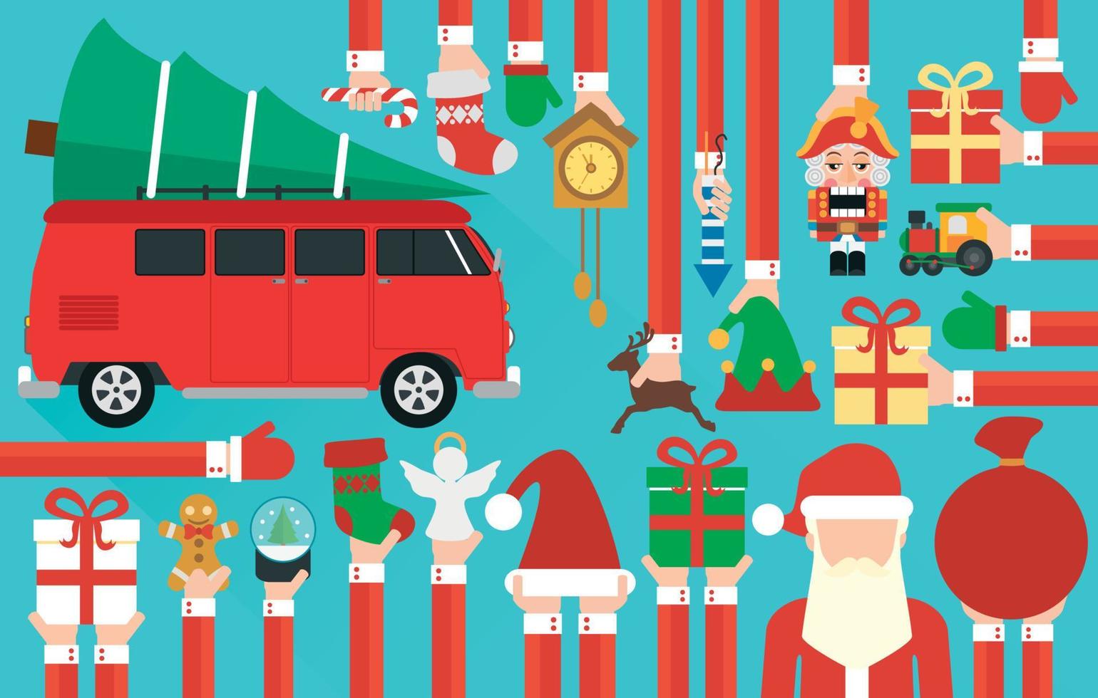feliz navidad, feliz año nuevo diseño de concepto plano con santa claus. minibús con árbol de navidad vector