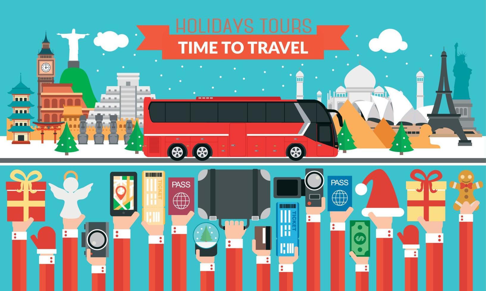 vacaciones de año nuevo giras mundiales diseño plano con autobús turístico rojo vector
