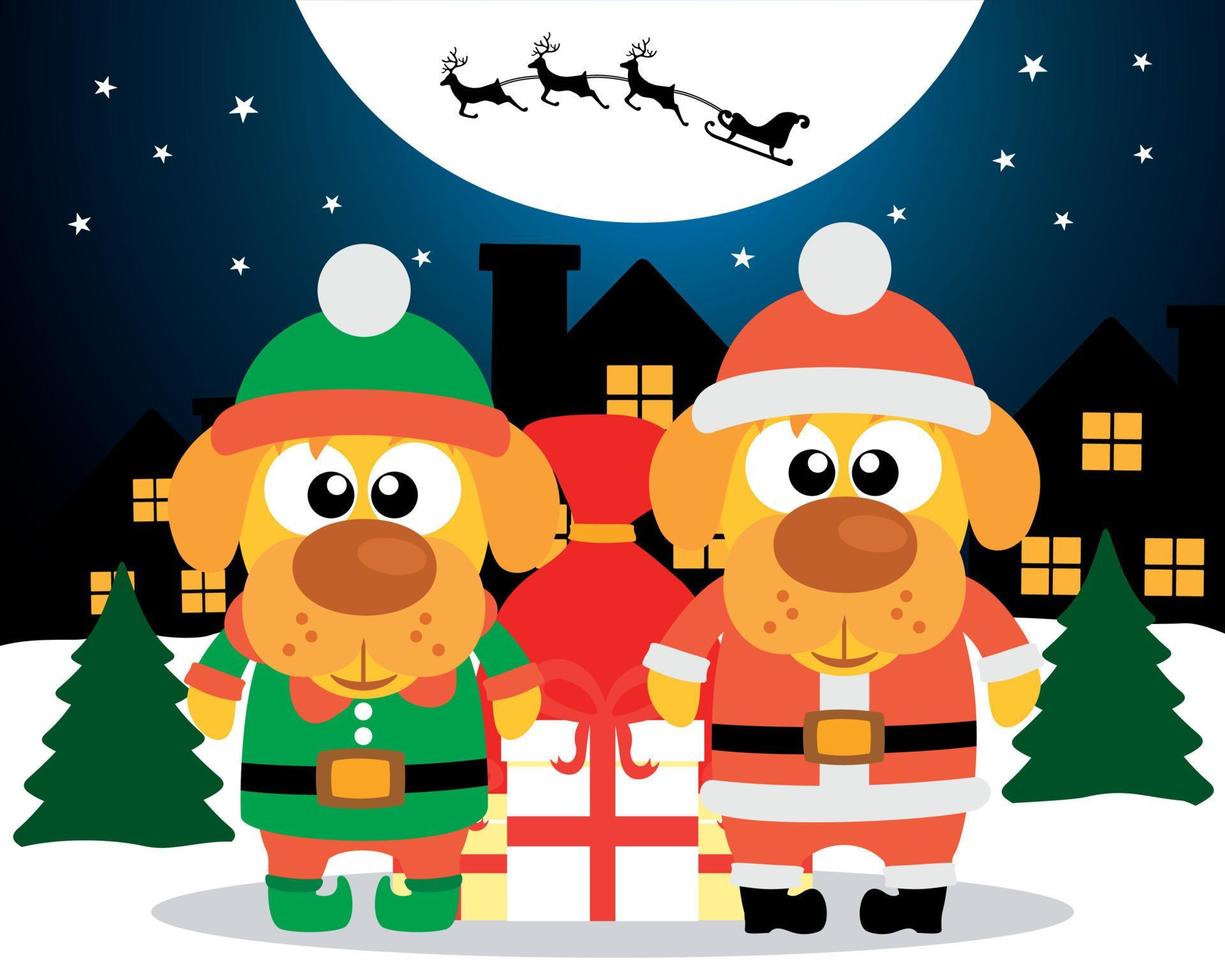 New Year card with dog santa claus and dog elf vector