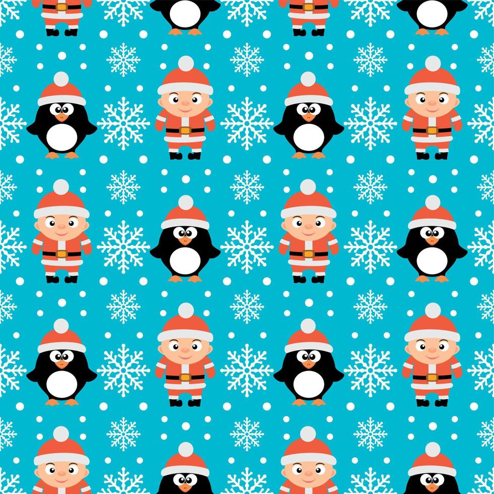 New Year seamless with boys and penguins vector