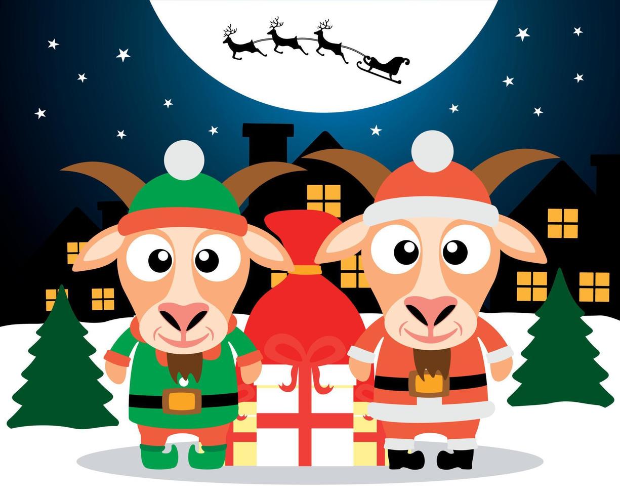 Christmas card with goat santa claus and goat elf vector