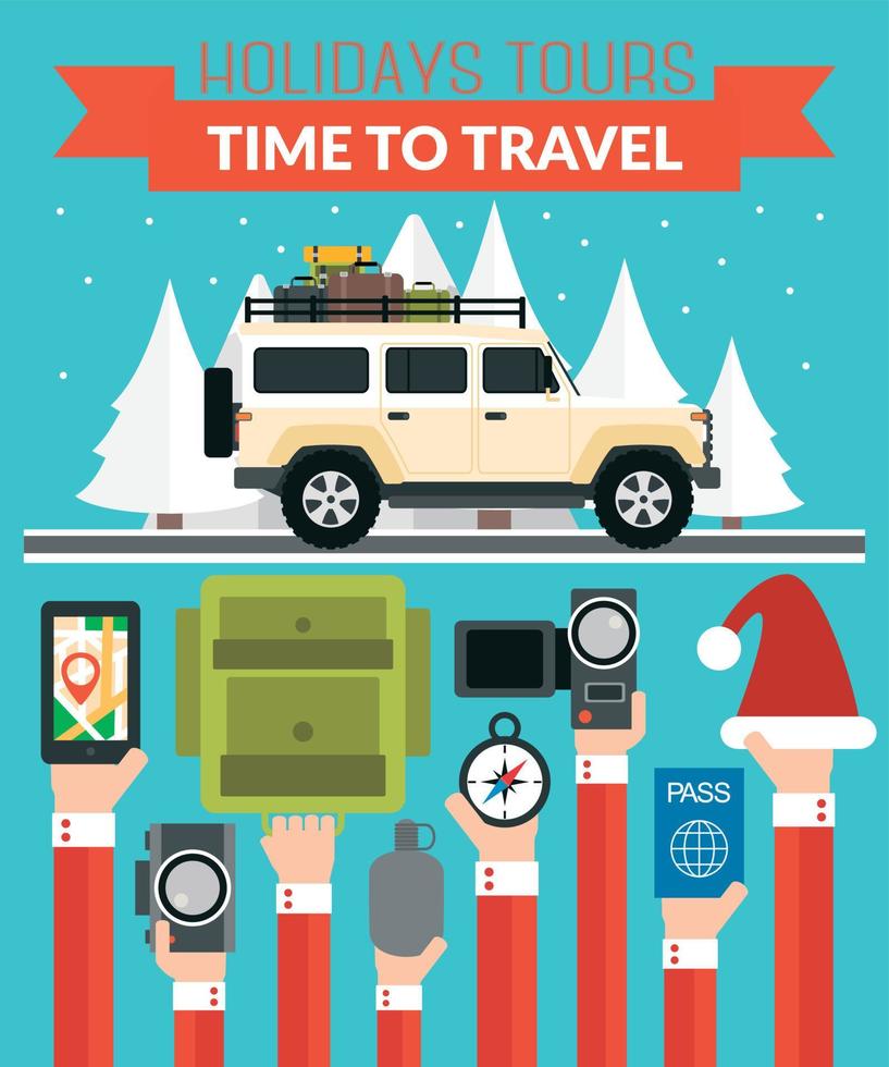 New Year Holidays Tours design flat with car vector
