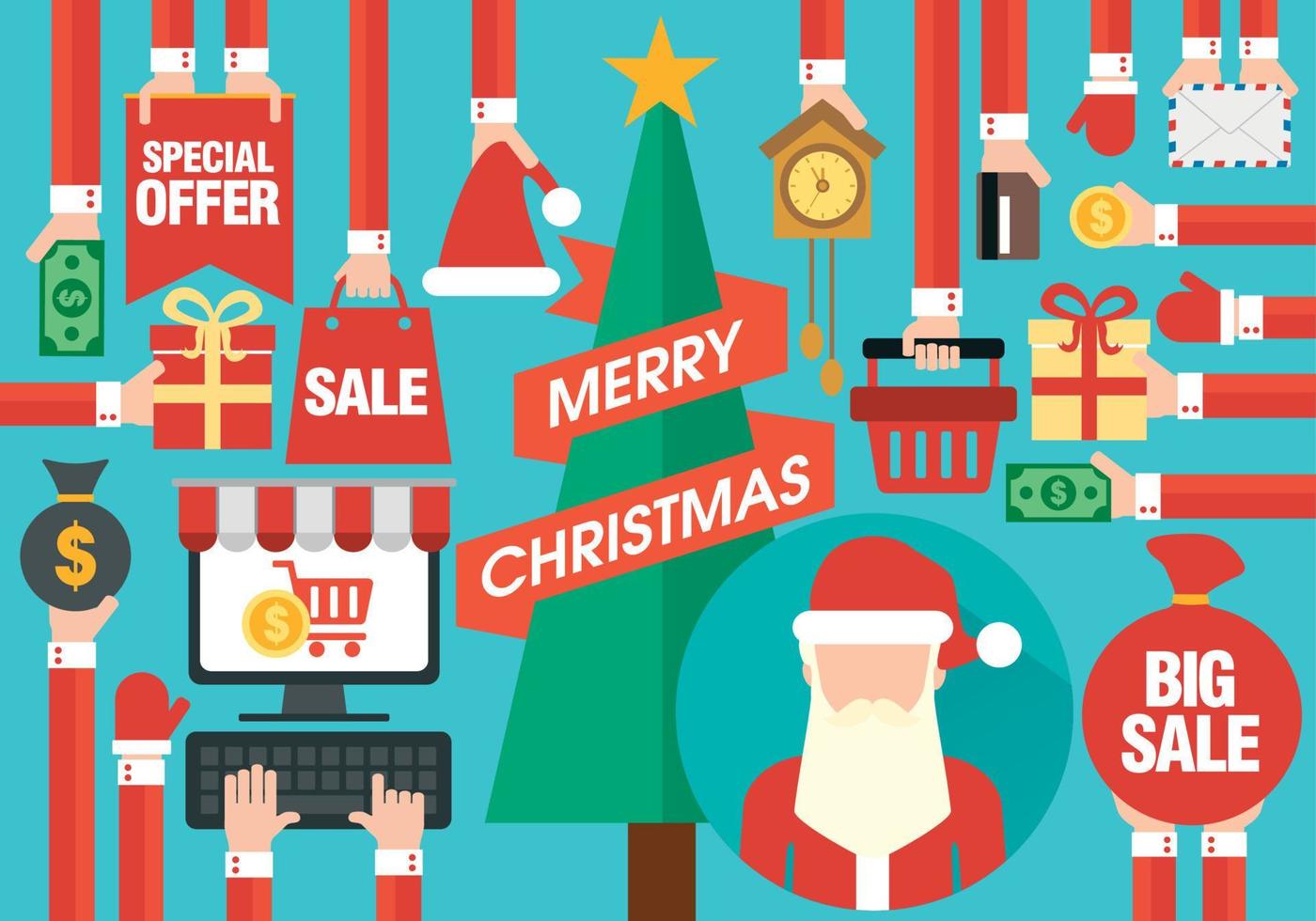 Merry Christmas sale concept design flat with Christmas tree and Santa Claus vector