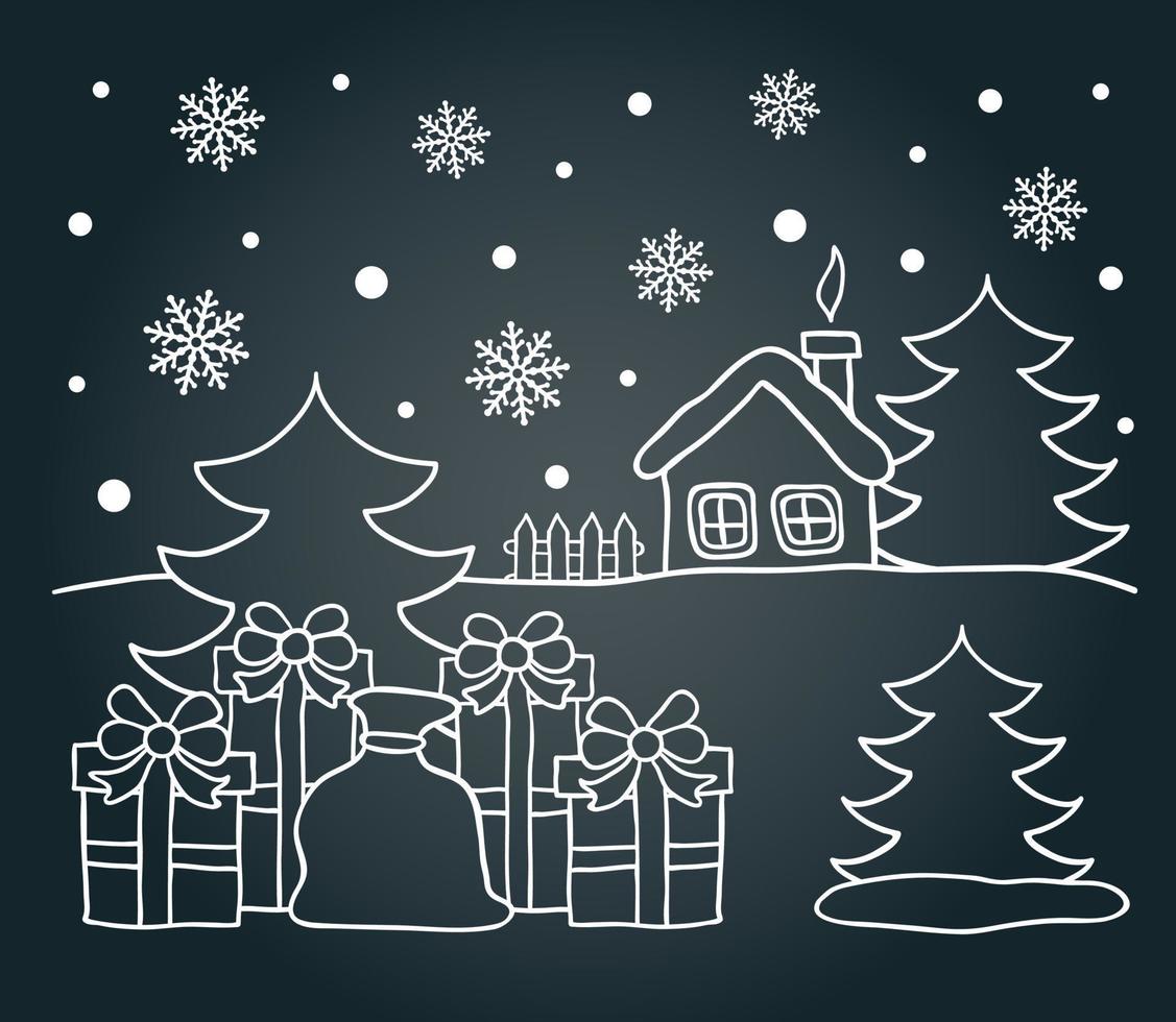 Chalkboard drawing card of winter house and Christmas gifts vector